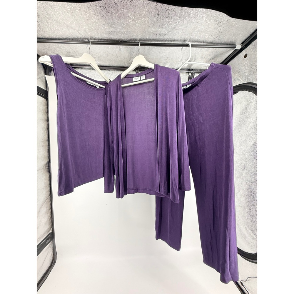 Chicos Travelers 3 Piece Set Purple Cardigan Tank Wide Leg Pants Womens Size 1 M